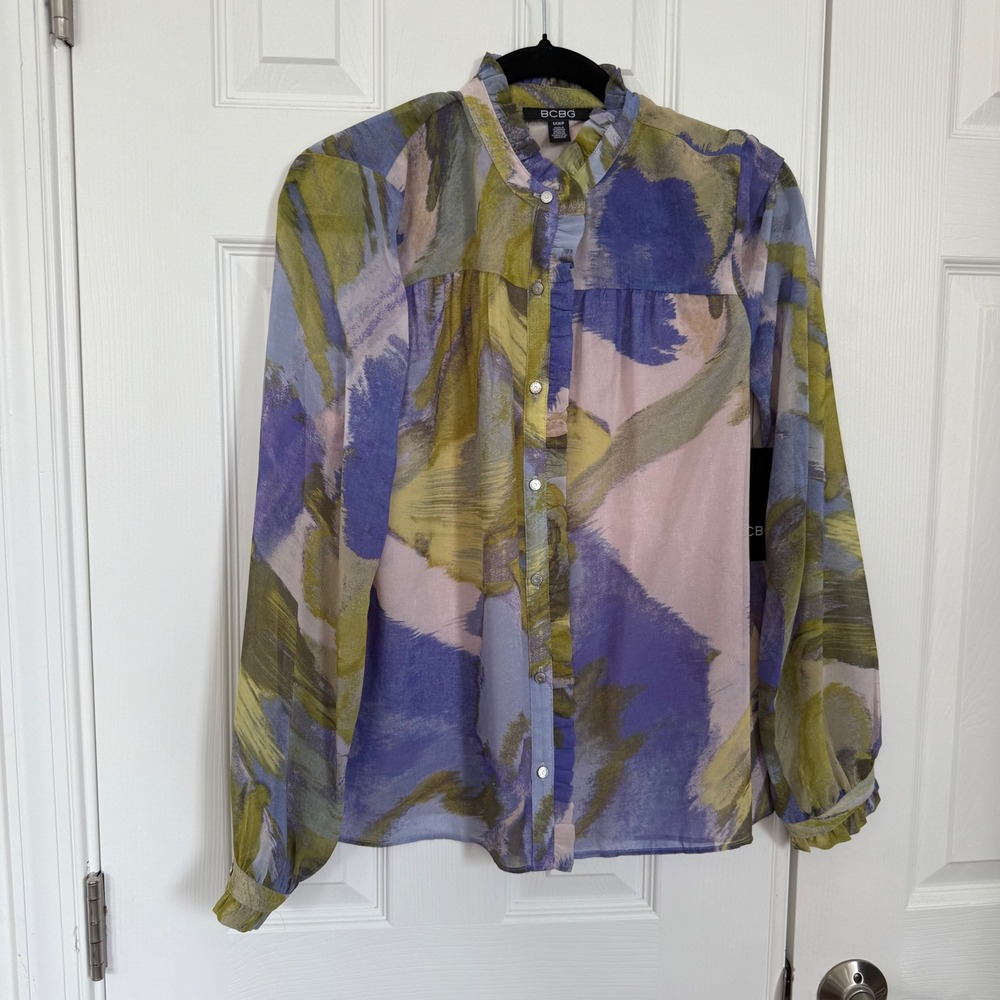 BCBG Abstract Brushstroke Ruffle Neck Blouse Colorful Feminine Luxury WM's Small